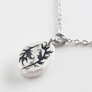 Vintage iridescent white pearl boho feather necklace with a small silver chain